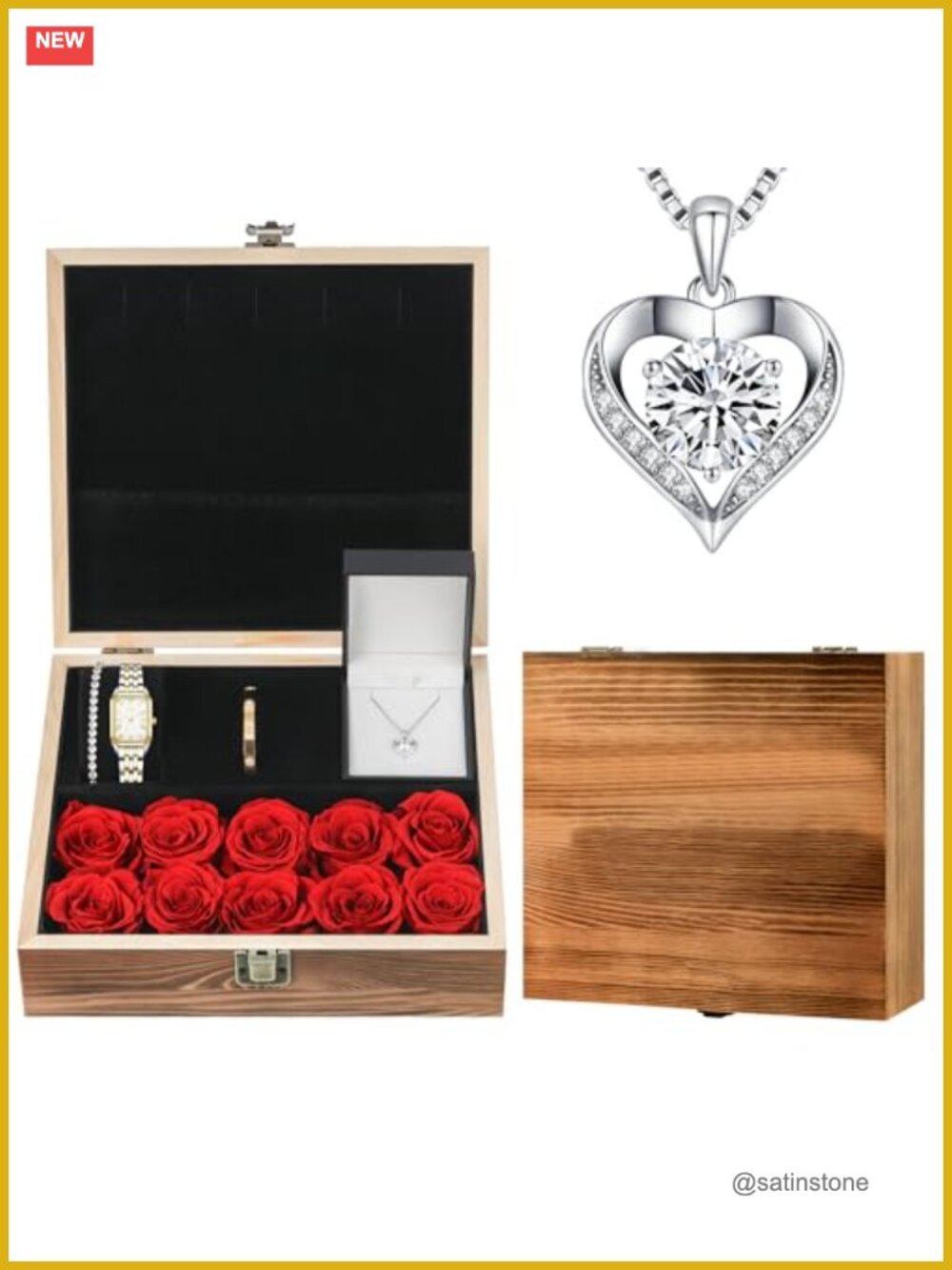 925 Silver Moissanite Heart Necklace Gold Watch Bangle Jewelry Set Gift